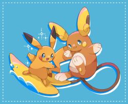 Rule 34 | alolan form, alolan raichu, animal feet, animal hands, blue background, blue eyes, commentary request, creatures (company), dot nose, game freak, gen 1 pokemon, gen 7 pokemon, highres, long tail, mouse, nintendo, open mouth, pikachu, pokemon, pokemon (creature), smile, sparkle, spiked tail, surfing, tail, towa (clonea), water