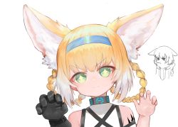 Rule 34 | &gt;:), absurdres, animal ear fluff, animal ears, arknights, bad id, bad pixiv id, bare shoulders, black gloves, blonde hair, blue hairband, braid, braided hair rings, chibi, chibi inset, claw pose, closed mouth, commentary request, dokomon, fox ears, gloves, gradient hair, green eyes, hair rings, hairband, hands up, highres, infection monitor (arknights), korean commentary, material growth, multicolored hair, oripathy lesion (arknights), simple background, single glove, sleeveless, smile, sussurro (arknights), suzuran (arknights), v-shaped eyebrows, white background, white hair