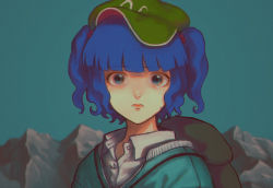 Rule 34 | 1girl, 3:, backpack, bag, blue background, blue eyes, blue hair, blue jacket, blunt bangs, collared shirt, crying, flat cap, green hat, hair bobbles, hair ornament, hat, highres, jacket, kappa, kawashiro nitori, looking at viewer, medium hair, mountain, mountain of faith, pout, shirt, short twintails, sidelocks, solo, tearing up, touhou, twintails, two side up, white shirt, zero nana