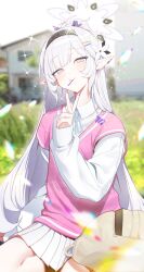 Rule 34 | 1girl, alternate costume, blue archive, blurry, blush, casual, closed mouth, collared shirt, commentary request, depth of field, earclip, flower, food in mouth, grey ribbon, hair flower, hair ornament, hairclip, halo, hand up, highres, himari (blue archive), korean commentary, long hair, long sleeves, looking at viewer, mole, mole under eye, multicolored nails, neck ribbon, outdoors, pink vest, pleated skirt, pointy ears, purple eyes, ribbon, shirt, sitting, skirt, sleeves past wrists, smile, solo, v, very long hair, vest, white flower, white hair, white halo, white shirt, white skirt, zanya 000