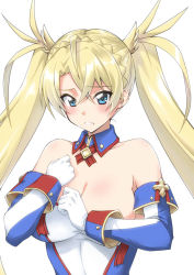 Rule 34 | 1girl, bare shoulders, blonde hair, blue eyes, blush, bradamante (fate), bradamante (first ascension) (fate), braid, breasts, cleavage, detached collar, elbow gloves, fate/grand order, fate (series), french braid, gloves, hair between eyes, hair ornament, hands on own chest, large breasts, leotard, long hair, looking at viewer, mikagami sou, open mouth, simple background, solo, twintails, very long hair, white background