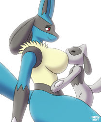 Rule 34 | 1boy, 1girl, 2011, alternate color, animal ears, arm support, breast sucking, breasts, closed eyes, creatures (company), dated, from side, furry, game freak, gen 4 pokemon, hetero, highres, impious, large breasts, looking down, lucario, nintendo, pokemon, pokemon (creature), pokemon dppt, red eyes, riolu, simple background, sitting, smile, standing, tail, text focus, watermark, white background, wolf ears