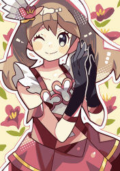 Rule 34 | 1girl, ;), anidler91, black gloves, brown hair, collarbone, creatures (company), dress, floral background, game freak, gloves, hair ornament, highres, looking at viewer, may (anniversary 2022) (pokemon), may (pokemon), nintendo, official alternate costume, one eye closed, own hands together, pokemon, pokemon masters ex, red dress, sleeveless, sleeveless dress, smile, solo, upper body