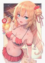 Rule 34 | 1girl, :d, absurdres, akai haato, akai haato (hololive summer 2019), bikini, bikini skirt, blonde hair, blue eyes, bow, breasts, cleavage, cocktail glass, commentary, cup, drinking glass, drinking straw, flower, haaton (akai haato), hair bow, hair ornament, hair ribbon, heart, heart hair ornament, hibiscus, highres, hololive, huge filesize, ichihachiyon (uhohiho), long hair, open mouth, red bikini, ribbon, smile, solo, stone floor, swimsuit, virtual youtuber
