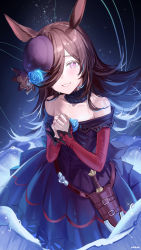 Rule 34 | 1girl, animal ears, blue flower, blue rose, blush, brown hair, commentary request, dagger, dress, flower, hair over one eye, haruri, hat, hat flower, highres, horse ears, knife, long sleeves, looking at viewer, off-shoulder dress, off shoulder, own hands together, parted lips, pleated dress, purple dress, purple eyes, purple hat, rice shower (umamusume), rose, sheath, sheathed, sleeves past wrists, smile, solo, tilted headwear, umamusume, weapon