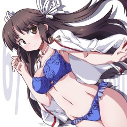 Rule 34 | 1girl, 547th sy, black hair, blue bra, blue panties, bow, bow panties, bra, breasts, brown eyes, commentary request, cowboy shot, dress shirt, hair ribbon, highres, hime cut, hiyou (kancolle), kantai collection, large breasts, lingerie, long hair, long sleeves, looking at viewer, open clothes, open shirt, panties, ribbon, shirt, shirt on shoulders, smile, solo, standing, underwear, white ribbon, white shirt