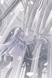 Rule 34 | 1girl, animal skeleton, blue eyes, church, closed mouth, falling petals, giant skeleton, hair spread out, highres, long hair, looking at viewer, natsume eri, original, pantyhose, petals, pleated skirt, shirt, sidelocks, skirt, solo, white hair, white pantyhose, white shirt, white skirt, white theme