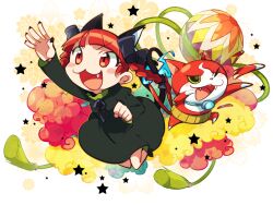 Rule 34 | animal ears, black bow, black dress, black nails, blush stickers, bow, braid, broom, cat, cat ears, cat tail, crossover, dress, fang, fangs, fingernails, hair bow, hisaboden, jibanyan, kaenbyou rin, one eye closed, open mouth, red eyes, red hair, sharp fingernails, star (symbol), tail, touhou, youkai watch