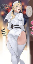 Rule 34 | 1girl, :d, ass, ass focus, barbara (genshin impact), barbara (genshin impact) (cosplay), blonde hair, blue eyes, blurry, blurry background, breasts, cosplay, cross, cross earrings, dress, earrings, english text, from behind, genshin impact, hair between eyes, highres, huge ass, jean (genshin impact), jewelry, large breasts, latin cross, long hair, looking at viewer, looking back, low ponytail, nun, okpriko, open mouth, pelvic curtain, sidelocks, smile, solo, thick thighs, thighhighs, thighs, white dress, white thighhighs