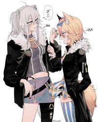 Rule 34 | 2girls, animal ears, black jacket, blonde hair, blue bow, blush, bow, breasts, check commentary, cleavage, commentary request, covered navel, fox ears, fox girl, fox tail, from side, fur trim, grey eyes, hair bow, hand in pocket, highres, hololive, jacket, kakult2017, lion ears, lion girl, lion tail, looking at another, looking down, medium breasts, multiple girls, o-ring, o-ring thigh strap, omaru polka, omaru polka (1st costume), open mouth, parted lips, purple eyes, see-through, see-through cleavage, shishiro botan, shishiro botan (1st costume), single leg pantyhose, skirt, smile, speech bubble, striped clothes, striped skirt, tail, thigh strap, thighhighs, torn clothes, torn legwear, virtual youtuber, white background, wrist cuffs