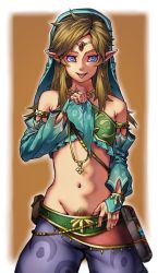 Rule 34 | 1boy, crossdressing, dannrei3636, gerudo outfit, link, male focus, nintendo, pointy ears, pubic hair, the legend of zelda, tongue, tongue out