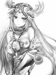 Rule 34 | 1girl, bad id, bad pixiv id, blush, breasts, circlet, closed mouth, contrapposto, flower, gauntlets, greyscale, hair flower, hair ornament, highres, jewelry, kid icarus, large breasts, long hair, looking at viewer, monochrome, nanashi (nlo), necklace, nintendo, nipples, nude, palutena, parted bangs, simple background, solo, white background