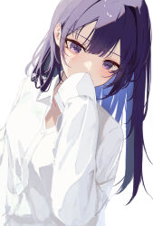 Rule 34 | 1girl, absurdres, blue hair, collared shirt, commentary request, covered mouth, dress shirt, hair between eyes, hand up, highres, long hair, long sleeves, looking at viewer, mayogii, multicolored hair, original, purple eyes, purple hair, shirt, simple background, sleeves past fingers, sleeves past wrists, solo, two-tone hair, upper body, very long hair, white background, white shirt