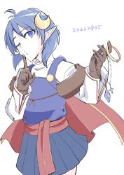 Rule 34 | 1girl, ahoge, blue eyes, blue hair, brown gloves, cape, crescent, crescent hair ornament, dated, gloves, hair ornament, highres, jewelry, jungo yquinone, looking at viewer, necklace, pointy ears, red cape, rena lanford, short hair, simple background, skirt, solo, star ocean, star ocean the second story, thief, white background