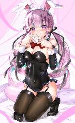 Rule 34 | 1girl, absurdres, alternate costume, animal ears, bare shoulders, black footwear, black ribbon, black thighhighs, blue nails, blush, bow, bowtie, breasts, cleavage, closed mouth, fake animal ears, frilled ribbon, frills, hair ribbon, heart, heart-shaped pillow, highres, hololive, kneeling, large breasts, leotard, long hair, long sleeves, maid headdress, masaharu21, minato aqua, multicolored hair, pillow, pink eyes, pink hair, playboy bunny, rabbit ears, red bow, ribbon, shoes, smile, solo, streaked hair, thighhighs, twintails, virtual youtuber, wristband