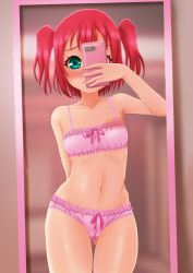 Rule 34 | 1girl, arm behind back, bare arms, bare legs, bare shoulders, blush, bow, bow bra, bow panties, bra, breasts, cameltoe, cellphone, collarbone, cowboy shot, embarrassed, enotato, female focus, gluteal fold, holding, holding phone, kurosawa ruby, love live!, love live! sunshine!!, mirror, navel, panties, phone, red hair, reflection, selfie, small breasts, smartphone, solo, two side up, underwear