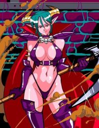 Rule 34 | 1girl, armor, breasts, carrera, demon girl, elbow gloves, gloves, green hair, horns, jewelry, large breasts, long hair, navel, pointy ears, red eyes, solo, demon girl, sword, thighhighs, viper, viper gts, watatanza, weapon