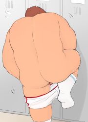 Rule 34 | 1boy, 3c pan, ass, back, bara, belly, boxers, brown hair, flying sweatdrops, foot out of frame, from behind, tamamura gunzo, locker, locker room, male focus, male underwear, muscular, muscular male, nude, short hair, socks, solo, thick thighs, thighs, tokyo houkago summoners, underwear, undressing, white male underwear