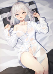Rule 34 | 1girl, absurdres, ahoge, bare shoulders, bed sheet, breasts, collarbone, commission, convenient censoring, daydream (zhdkffk21), dress shirt, gluteal fold, grey eyes, hands up, highres, knee up, long sleeves, looking at viewer, lying, medium breasts, medium hair, naked shirt, off shoulder, on back, on bed, open mouth, original, pillow, see-through, shirt, solo, thighs, wavy mouth, wet, wet clothes, wet shirt, white hair, white shirt