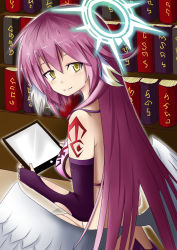 Rule 34 | 1girl, angel wings, artist request, book, bookshelf, breasts, bridal gauntlets, closed mouth, commentary request, spiked halo, crop top, feathered wings, halo, jibril (no game no life), large breasts, long hair, low wings, magic circle, midriff, no game no life, pink hair, sideboob, smile, solo, tablet pc, tattoo, very long hair, white wings, wing ears, wings