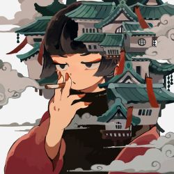 Rule 34 | 1girl, architecture, banner, black eyes, black hair, black shirt, blunt bangs, butudan butugu, cigarette, cloud, commentary, east asian architecture, eyeliner, hand up, highres, holding, holding cigarette, house, long sleeves, nail polish, original, red eyeliner, red nails, red sleeves, shirt, short hair, smoke, smoking, solo, surreal, symbol-only commentary, upper body, white background, whorled clouds