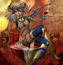 Rule 34 | 1girl, alcohol, arm support, bad id, bad pixiv id, bare shoulders, boots, breasts, bridal gauntlets, cup, dark skin, dark-skinned female, demon girl, demon tail, demon wings, drinking glass, green hair, grin, horns, knee boots, lace, lace-trimmed legwear, lace legwear, lace trim, large breasts, legs, crossed legs, original, patterned legwear, pointy ears, raised eyebrow, red eyes, shijima (tanfn), short hair, single wing, sitting, smile, solo, tail, thighhighs, underboob, uneven eyes, wine, wine glass, wings