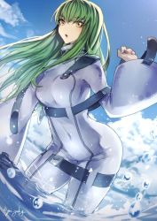 Rule 34 | 1girl, blue sky, bodysuit, breasts, c.c., cloud, code geass, covered navel, cowboy shot, day, genyaky, green hair, in water, long hair, looking at viewer, outdoors, parted lips, sky, solo, straitjacket, wading, yellow eyes