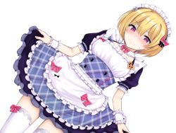 Rule 34 | 1girl, alternate costume, apron, blonde hair, blush, bow, breasts, commentary request, dress, hair between eyes, hair bow, hair ornament, headdress, heart, idolmaster, idolmaster shiny colors, looking at viewer, maid, maid apron, maid headdress, medium breasts, pink bow, pink neckwear, puffy sleeves, purple eyes, rocha (aloha ro cha), saijo juri, short hair, short sleeves, solo, standing, thighhighs, white headdress, white thighhighs, wrist cuffs