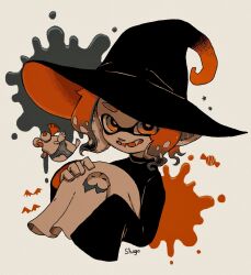 Rule 34 | 1girl, animal, artist name, bat (animal), black dress, black headwear, bright pupils, bulging eyes, candy, clothed animal, dress, fangs, female focus, fish, food, ghost costume, halloween, hands up, happy, hat, highres, holding, inkling, inkling girl, inkling player character, jellyfish (splatoon), long sleeves, looking at viewer, matching hair/eyes, mohawk, nintendo, open mouth, patch, red eyes, red hair, shogo (shogo70449442), short hair, sidelocks, signature, sleeves past fingers, sleeves past wrists, smallfry (splatoon), smile, solo focus, splatoon (series), splatoon 3, splatter background, star (symbol), tentacle hair, tentacles, upper body, white pupils, witch, witch hat