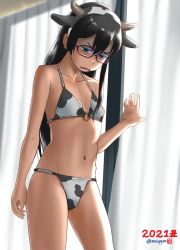 Rule 34 | 1girl, 2021, alternate costume, animal ears, animal print, bikini, black hair, blue eyes, breasts, chinese zodiac, cow ears, cow horns, cow print, curtains, disgust, fake horns, glasses, hair between eyes, highres, horns, kantai collection, long hair, mu-pyon, new year, ooyodo (kancolle), open mouth, shaded face, small breasts, solo, swimsuit, twitter username, window, year of the ox