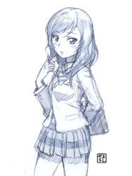 Rule 34 | 10s, 1girl, arm behind back, bag, blazer, blush, bow, bowtie, cowboy shot, twirling hair, highres, holding, holding bag, jacket, long sleeves, looking at viewer, love live!, love live! school idol project, miniskirt, monochrome, nishikino maki, parted lips, pleated skirt, school bag, school uniform, short hair, signature, sketch, skirt, solo, striped bow, striped bowtie, striped clothes, striped neckwear, yoshikawa kazunori