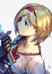 Rule 34 | 1girl, armor, blonde hair, brown eyes, closed mouth, collarbone, djeeta (granblue fantasy), frills, glint, granblue fantasy, hairband, headband, holding, holding sword, holding weapon, hungry clicker, red hairband, red headband, short hair, simple background, solo, sword, upper body, weapon