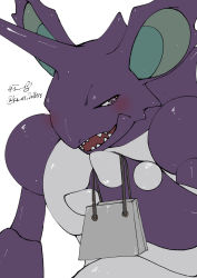 Rule 34 | artist name, bag, blush, claws, creatures (company), embarrassed, flat color, game freak, gen 1 pokemon, half-closed eyes, hand up, highres, holding, holding bag, horns, ka ei volltis, looking to the side, nidoking, nintendo, open mouth, pokemon, pokemon (creature), purple eyes, sharp teeth, shy, signature, simple background, single horn, sketch, solo, teeth, twitter username, upper body, white background