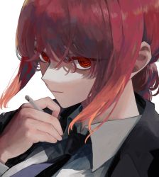 Rule 34 | 1girl, bad id, bad twitter id, black necktie, blazer, braid, braided ponytail, business suit, chainsaw man, cigarette, close-up, collared shirt, colored eyelashes, formal, hair between eyes, highres, holding, holding cigarette, jacket, long hair, long sleeves, looking at viewer, makima (chainsaw man), necktie, parted lips, portrait, red eyes, red hair, ringed eyes, shirt, short hair, simple background, sion001250, solo, suit, white background, white shirt