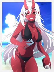 Rule 34 | 1girl, absurdres, akumi (yoclesh), beach, bikini, black bikini, black nails, blue sky, breasts, can, cellphone, cleavage, cloud, colored skin, drink can, eijiru, facial scar, highres, holding, holding can, holding phone, horns, iphone, large breasts, long hair, looking at viewer, nail polish, navel, oni, oni horns, phone, pointy ears, red skin, scar, scar on arm, scar on cheek, scar on chest, scar on face, scar on hip, scar on leg, scar on stomach, side-tie bikini bottom, sky, smartphone, smile, soda, soda can, solo, swimsuit, virtual youtuber, vyugen, water, white hair, yellow eyes