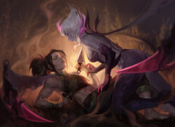 Rule 34 | 2girls, aina (mayexplode), akali, arm tattoo, artist name, ass, bare shoulders, barefoot, black skin, breasts, brown hair, claws, clenched teeth, cloud tattoo, colored skin, evelynn (league of legends), eye contact, fire, girl on top, green pants, grey hair, highres, holding, holding weapon, kunai, large breasts, league of legends, looking at another, looking up, lying, multicolored hair, multiple girls, navel, on back, pants, pink hair, ponytail, red lips, shiny skin, sideboob, small breasts, smile, stomach, tattoo, teeth, two-tone hair, watermark, weapon