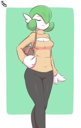 Rule 34 | 1girl, bag, beige sweater, black pants, border, breasts, brown bag, cleavage, closed eyes, creatures (company), diamond (shape), game freak, gardevoir, gen 3 pokemon, green background, green hair, hair over one eye, highres, immortalstar, long sleeves, medium breasts, meme attire, nintendo, open-chest sweater, pants, pokemon, pokemon (creature), pokemon rse, short hair, signature, simple background, solo, standing, sweater, text focus, walking, white border