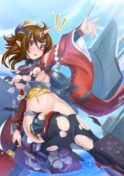 Rule 34 | !, !!, 1girl, azur lane, black thighhighs, blush, boots, breasts, brown hair, day, gauntlets, groin, hair ornament, horns, japanese clothes, ken ill, looking at viewer, medium breasts, midriff, mogami (azur lane), navel, nipples, obi, ocean, open mouth, outstretched hand, pointy ears, polearm, red eyes, sash, short hair, single horn, sky, solo, sparkle, surprised, thighhighs, torn clothes, water drop, weapon, wide sleeves