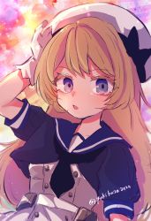 Rule 34 | 1girl, blonde hair, blue eyes, blue sailor collar, dress, gloves, hat, highres, jervis (kancolle), kantai collection, looking at viewer, one-hour drawing challenge, sailor collar, sailor dress, sailor hat, solo, twitter username, white dress, white gloves, white hat, yukikaze2828