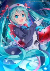 Rule 34 | 1girl, :d, aqua eyes, back bow, black jacket, blue neckwear, blush, bow, bowtie, breasts, commentary request, company name, cowboy shot, cross, dress, gloves, hand up, hat, hatsune miku, heart, highres, holding, holding syringe, jacket, long hair, long sleeves, looking at viewer, matsuuni, necktie, nurse, nurse cap, official art, open clothes, open jacket, open mouth, oversized object, pleated dress, red bow, red cross, sky, small breasts, smile, solo, star (sky), starry sky, stethoscope, syringe, twintails, very long hair, vocaloid, white dress, white gloves