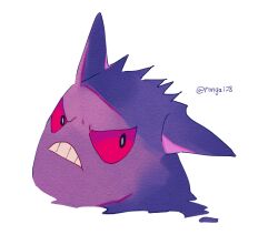 Rule 34 | artist name, black eyes, colored sclera, colored skin, commentary request, creatures (company), frown, game freak, gen 1 pokemon, gengar, nintendo, pokemon, pokemon (creature), purple skin, red sclera, rongai28, simple background, teeth, twitter username, white background