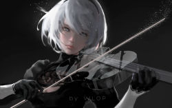 Rule 34 | 1girl, 2b (nier:automata), artist name, black background, black dress, black hairband, blue eyes, breasts, cleavage, cleavage cutout, clothing cutout, dress, gradient background, grey hair, hairband, highres, holding, holding instrument, holding violin, instrument, juliet sleeves, long sleeves, looking at viewer, medium breasts, mole, mole under mouth, music, nier:automata, nier (series), no blindfold, playing instrument, puffy sleeves, short hair, solo, transparent, turtleneck, upper body, vambraces, violin, wlop