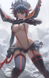Rule 34 | 1girl, absurdres, black gloves, black hair, black thighhighs, blue eyes, breasts, closed mouth, cloud, commentary, duplicate, free style (yohan1754), gloves, gluteal fold, grey sky, hair between eyes, highres, holding, holding weapon, kill la kill, large breasts, looking at viewer, matoi ryuuko, microskirt, multicolored hair, navel, pleated skirt, red hair, revealing clothes, senketsu, short hair, skirt, sky, solo, spikes, standing, suspenders, thighhighs, two-tone hair, underboob, weapon
