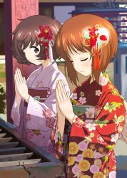 Rule 34 | 10s, 2girls, absurdres, akiyama yukari, architecture, blurry, blurry background, blush, box, brown eyes, brown hair, closed mouth, commentary request, day, depth of field, donation box, east asian architecture, floral print, flower, girls und panzer, hair flower, hair ornament, highres, japanese clothes, kimono, light blush, lips, long sleeves, looking at another, messy hair, multiple girls, nishizumi miho, obi, outdoors, own hands together, pink kimono, praying, print kimono, red kimono, sash, shadow, shiina excel, shinto, short hair, shrine, smile, standing, wide sleeves