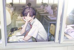 Rule 34 | 6+boys, absurdres, bandaged hand, bandages, book, chair, classroom, closed mouth, collared shirt, desk, eraser, from outside, green eyes, haero, head rest, highres, indoors, kenmochi touya, looking at viewer, male focus, multiple boys, necktie, nijisanji, notebook, pen, pencil, pencil case, purple hair, red necktie, school chair, school desk, school uniform, shirt, short hair, short sleeves, sitting, solo focus, virtual youtuber, white shirt, window