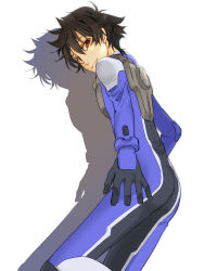 Rule 34 | 00s, 1boy, armor, ass, black hair, bodysuit, breastplate, child, gundam, gundam 00, looking at viewer, male focus, pilot suit, red eyes, setsuna f. seiei, simple background, solo, t-riku, tagme, white background