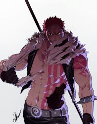Rule 34 | 1boy, abs, artist request, bad artstation id, bad id, bare pectorals, charlotte katakuri, check artist, chest tattoo, contrapposto, eye trail, frown, gloves, highres, injury, jacket, large pectorals, leather, leather jacket, light trail, looking at viewer, male focus, muscular, muscular male, navel, navel hair, one piece, open clothes, open jacket, pants, pectorals, pink hair, serious, short hair, signature, sleeveless, sleeveless jacket, solo, stitches, stomach, tattoo, tearing clothes, torn clothes, tusks, whav ver, white background