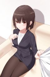 Rule 34 | 1girl, bad id, bad pixiv id, black jacket, black pantyhose, breasts, brown hair, collarbone, commentary request, couch, enpido, highres, jacket, long sleeves, looking at viewer, medium breasts, office lady, on couch, original, pantyhose, red eyes, shirt, short hair, sitting, smile, solo focus, white shirt
