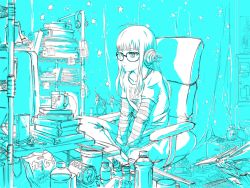 Rule 34 | 10s, 1girl, ahoge, alarm clock, animated, animated gif, atelier gokujou, blinking, book, can, chair, chopsticks, clock, cup, curtains, glasses, headphones, indian style, indoors, jack frost (megami tensei), jacket, long hair, monitor, monochrome, mug, open mouth, outstretched arm, persona, persona 5, router, sakura futaba, sitting, sketch, solo, star (symbol), striped, yawning