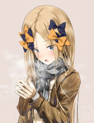 Rule 34 | 1girl, abigail williams (fate), black bow, blonde hair, blue eyes, blush, bow, breasts, checkered clothes, checkered scarf, eyes visible through hair, fate/grand order, fate (series), forehead, long hair, long sleeves, looking at viewer, multiple bows, open mouth, orange bow, own hands together, parted bangs, polka dot, polka dot bow, sakazakinchan, scarf, small breasts, solo